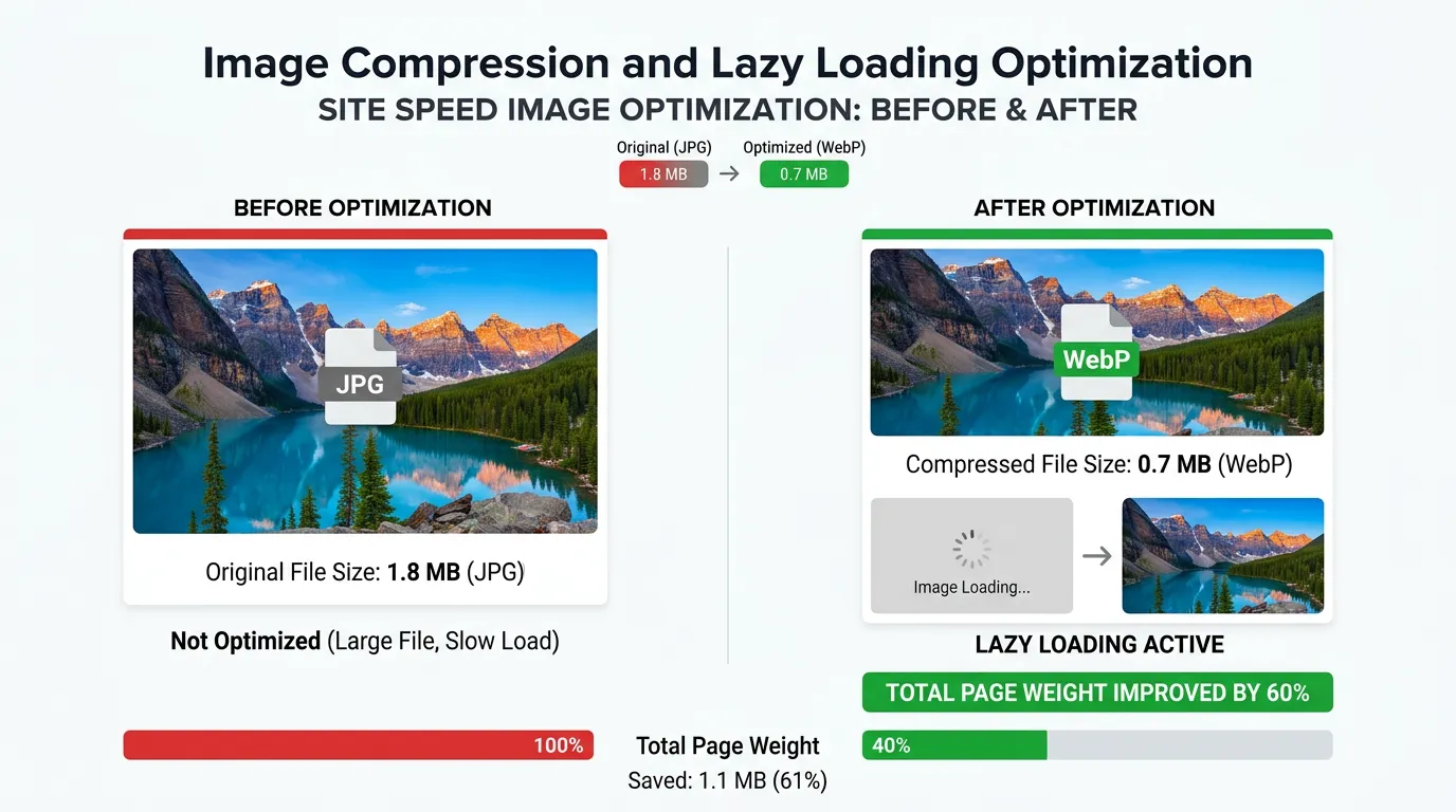 Image compression and lazy loading shown as before and after file sizes using the WebP format