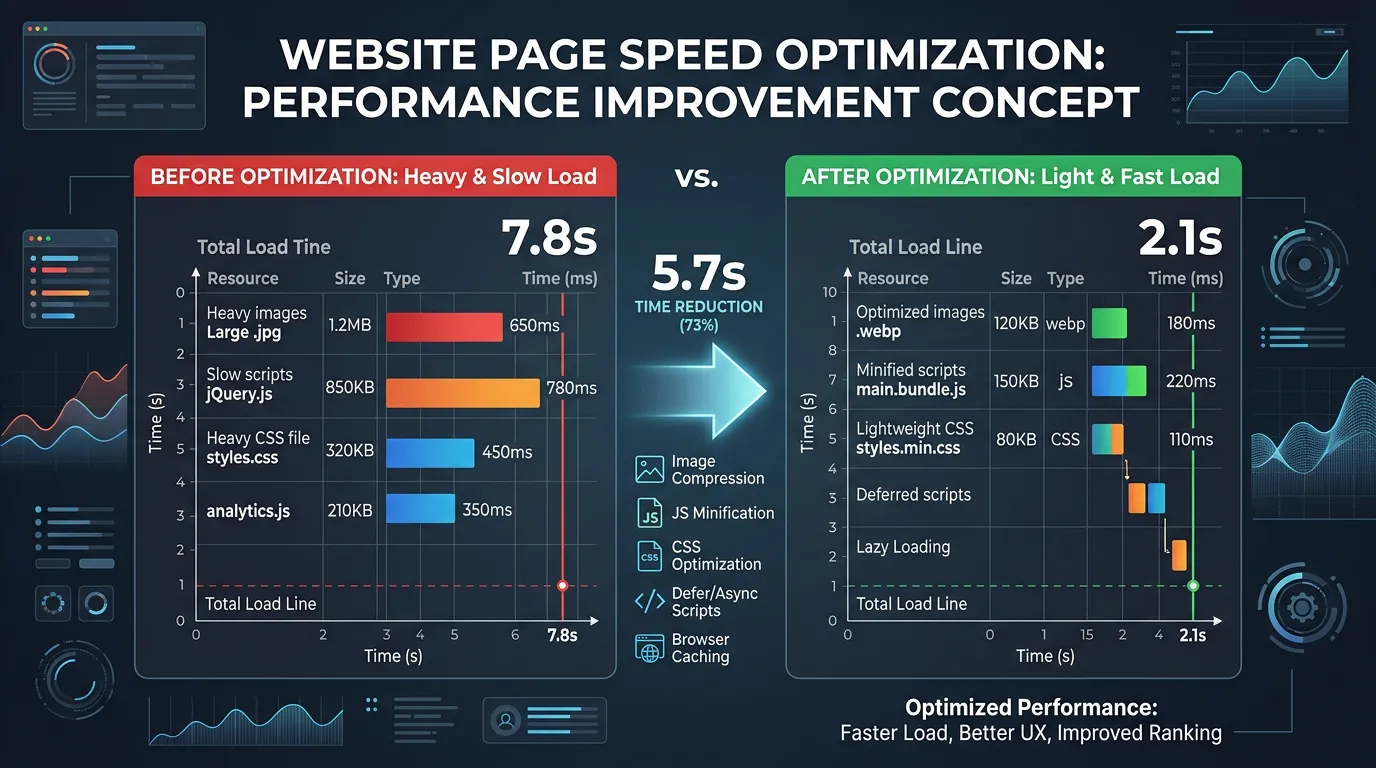 Page speed waterfall chart showing resource load times before and after optimization