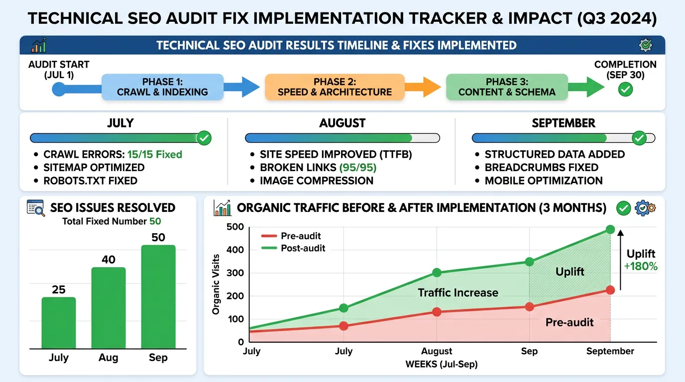 Technical SEO fix tracker showing issues resolved over three months alongside organic traffic