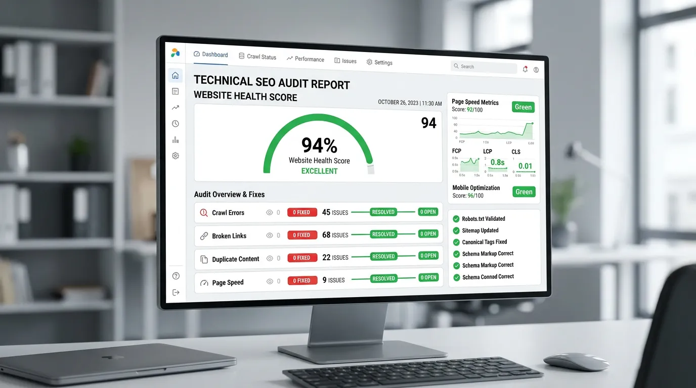 Technical SEO audit report showing website health score with red issues fixed to green across crawl errors and page speed