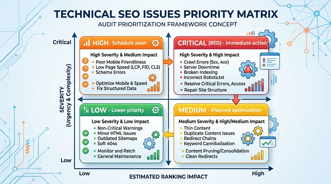 Technical SEO issues priority matrix showing critical high medium and low severity issues with estimated ranking impact per fix