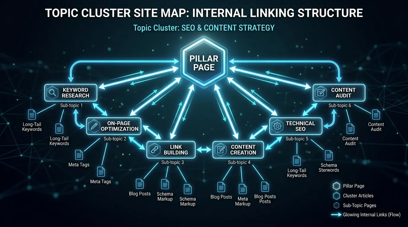 Topic cluster internal linking site map showing pillar and cluster article connections
