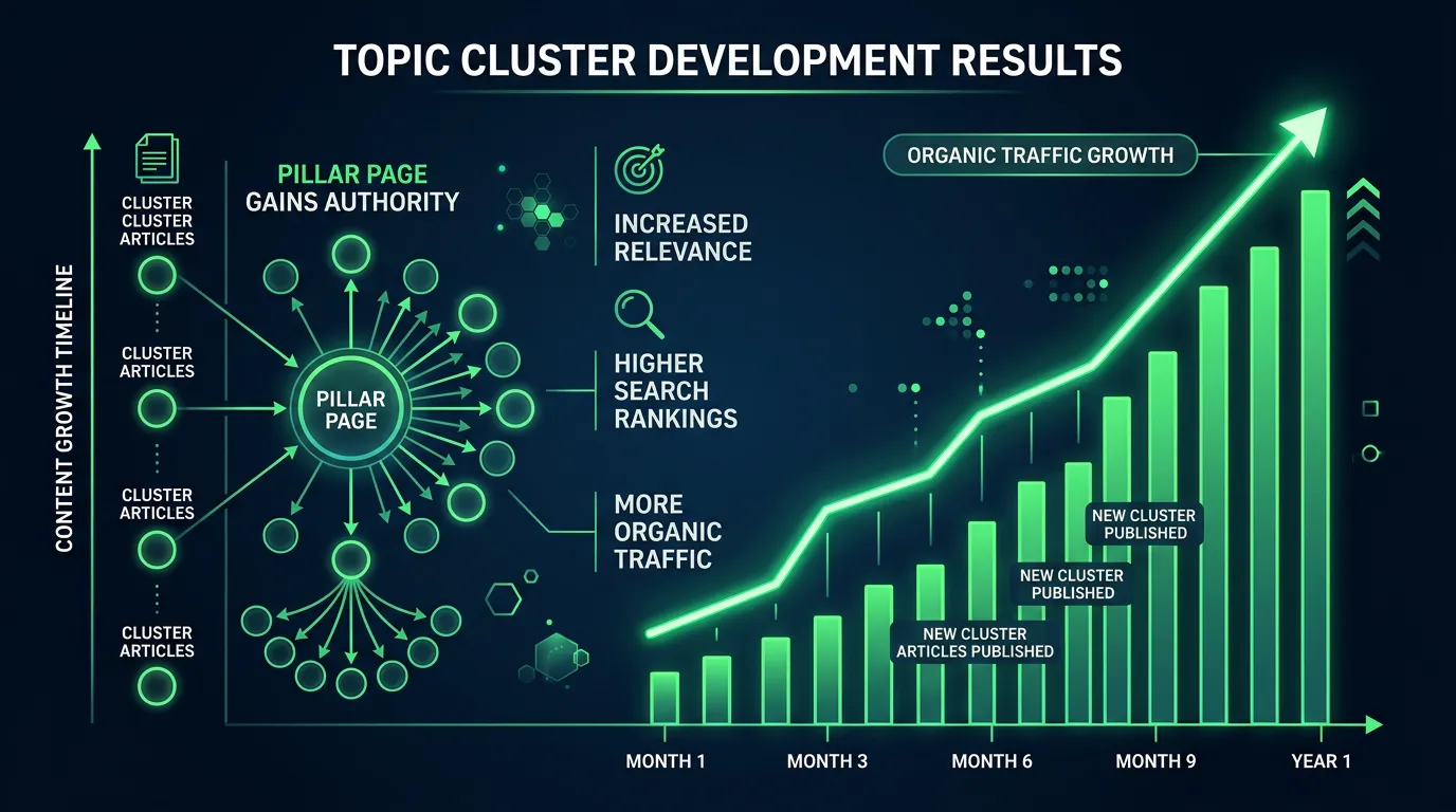 Timeline showing organic traffic and topical authority building through a topic cluster