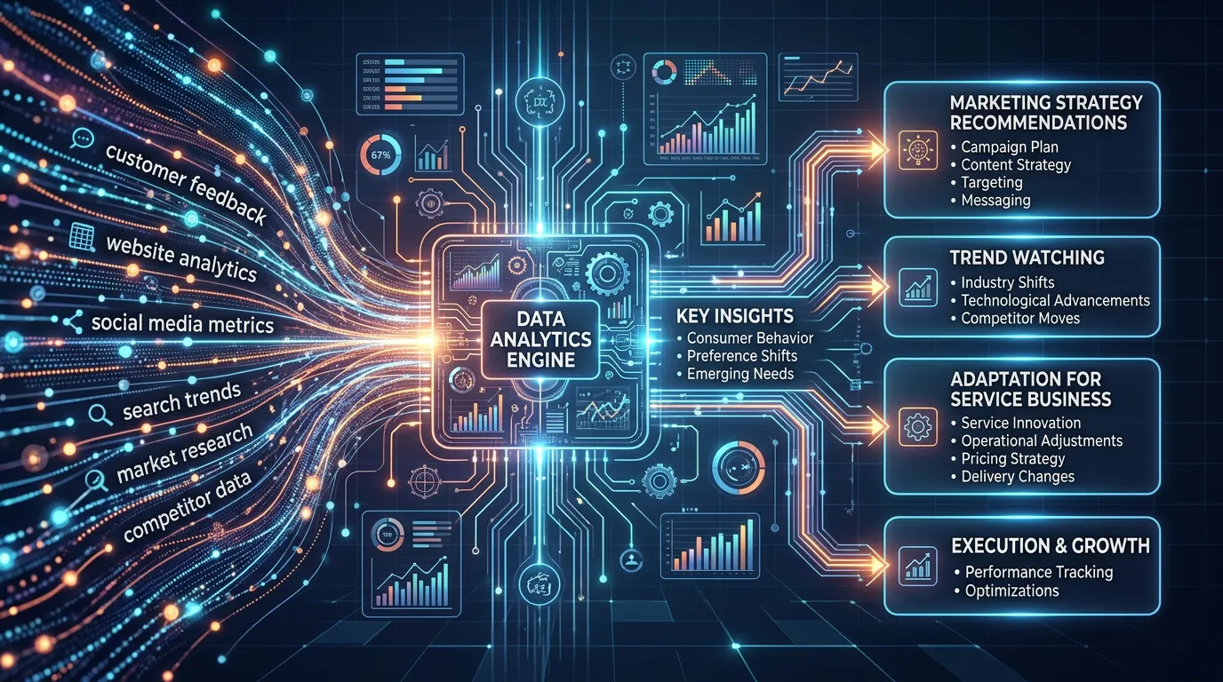 Marketing trend analysis showing data signals being processed into strategy recommendations for service business
