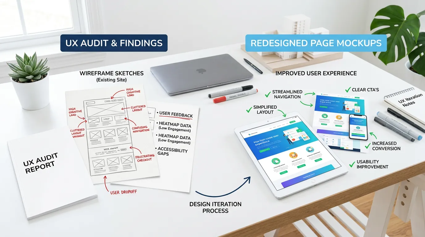 UX improvement process showing audit findings wireframes and redesigned page for better conversions