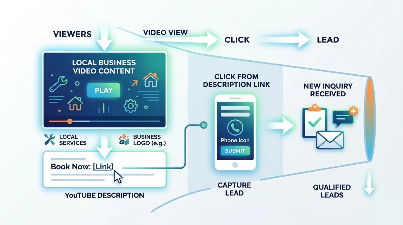 Video marketing lead generation showing phone and form capturing inquiries directly from YouTube video description links
