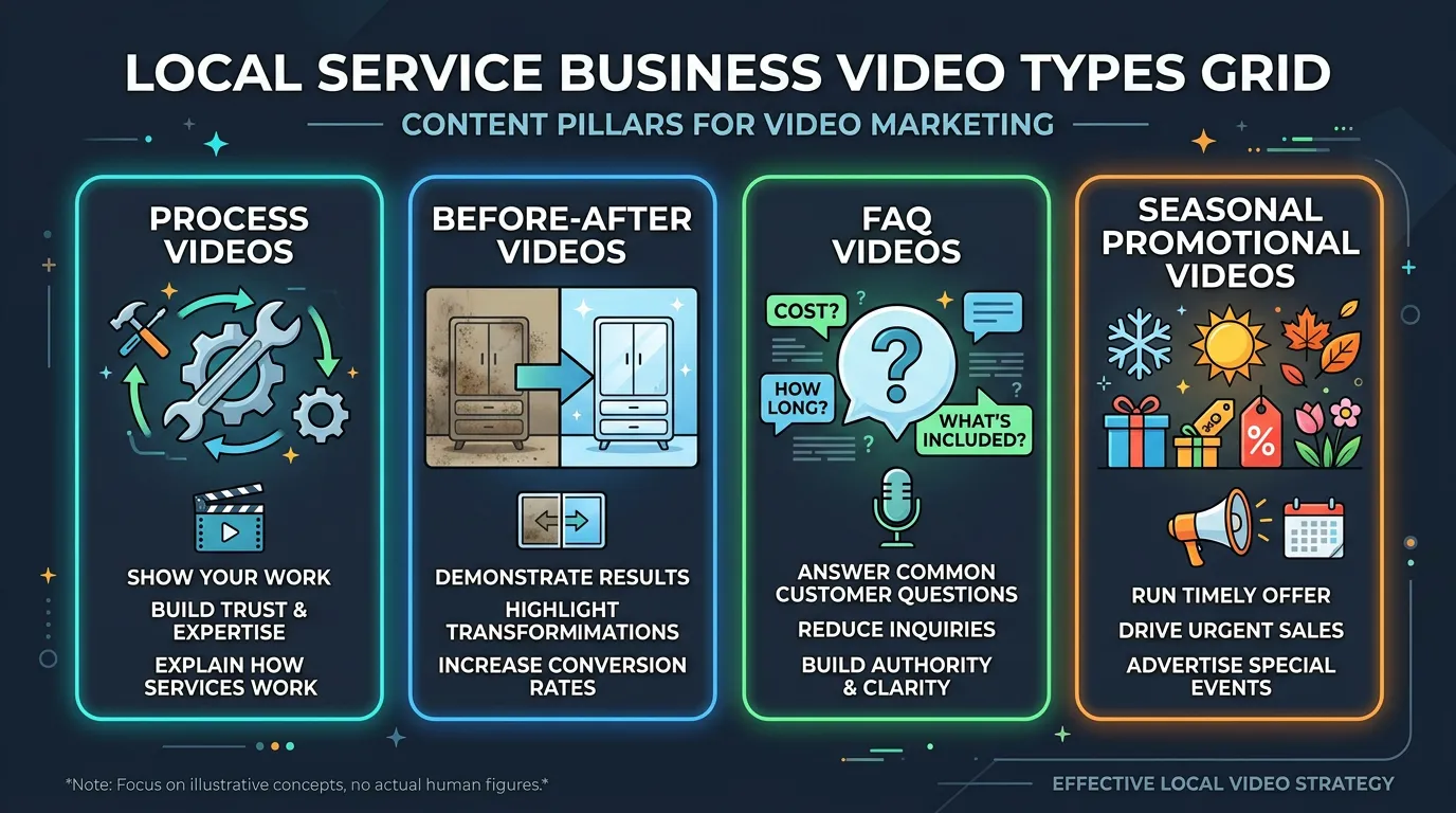 Local service business video types grid showing process videos before-after FAQ and seasonal promotional content pillars
