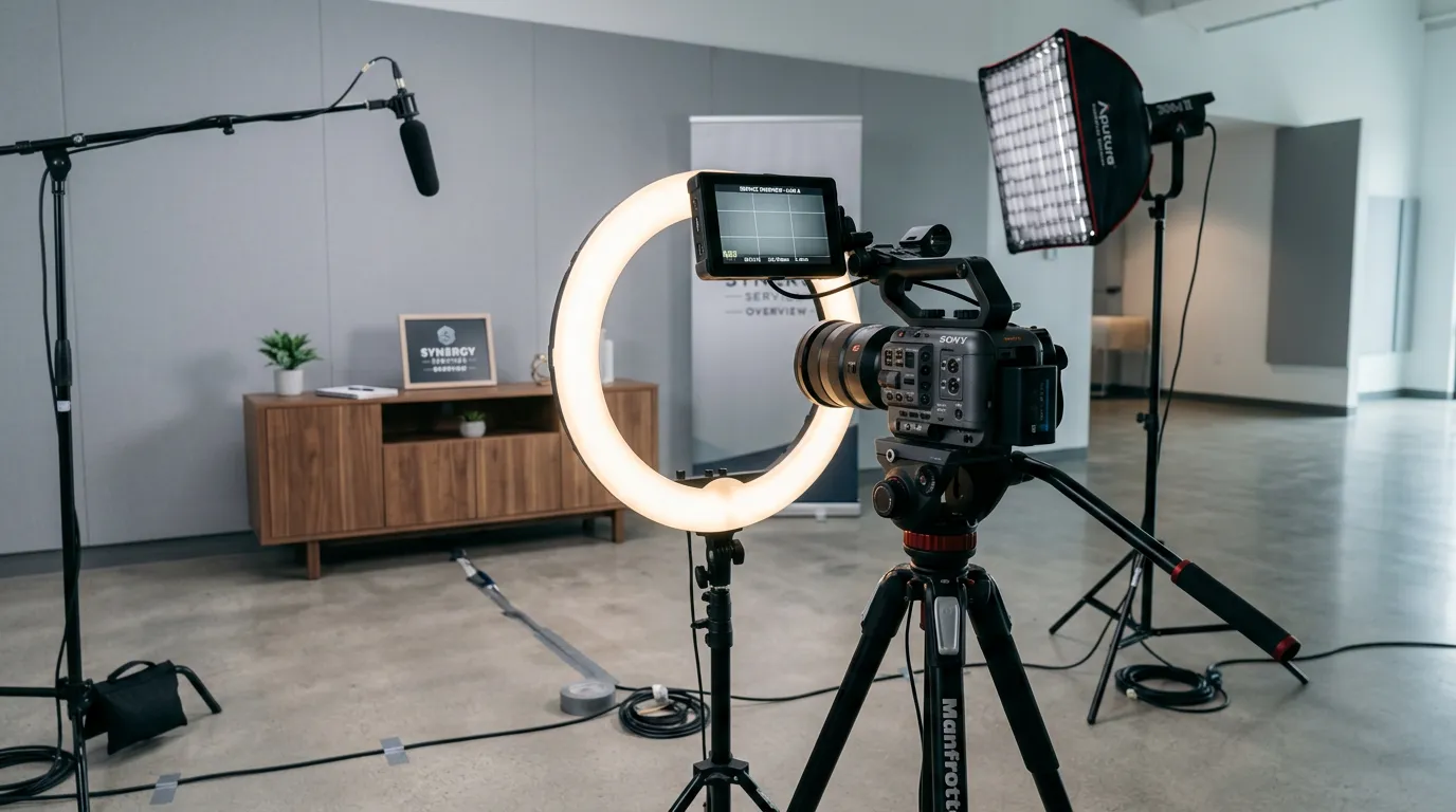 Professional video production setup showing ring light and camera on tripod in clean studio ready to film service overview