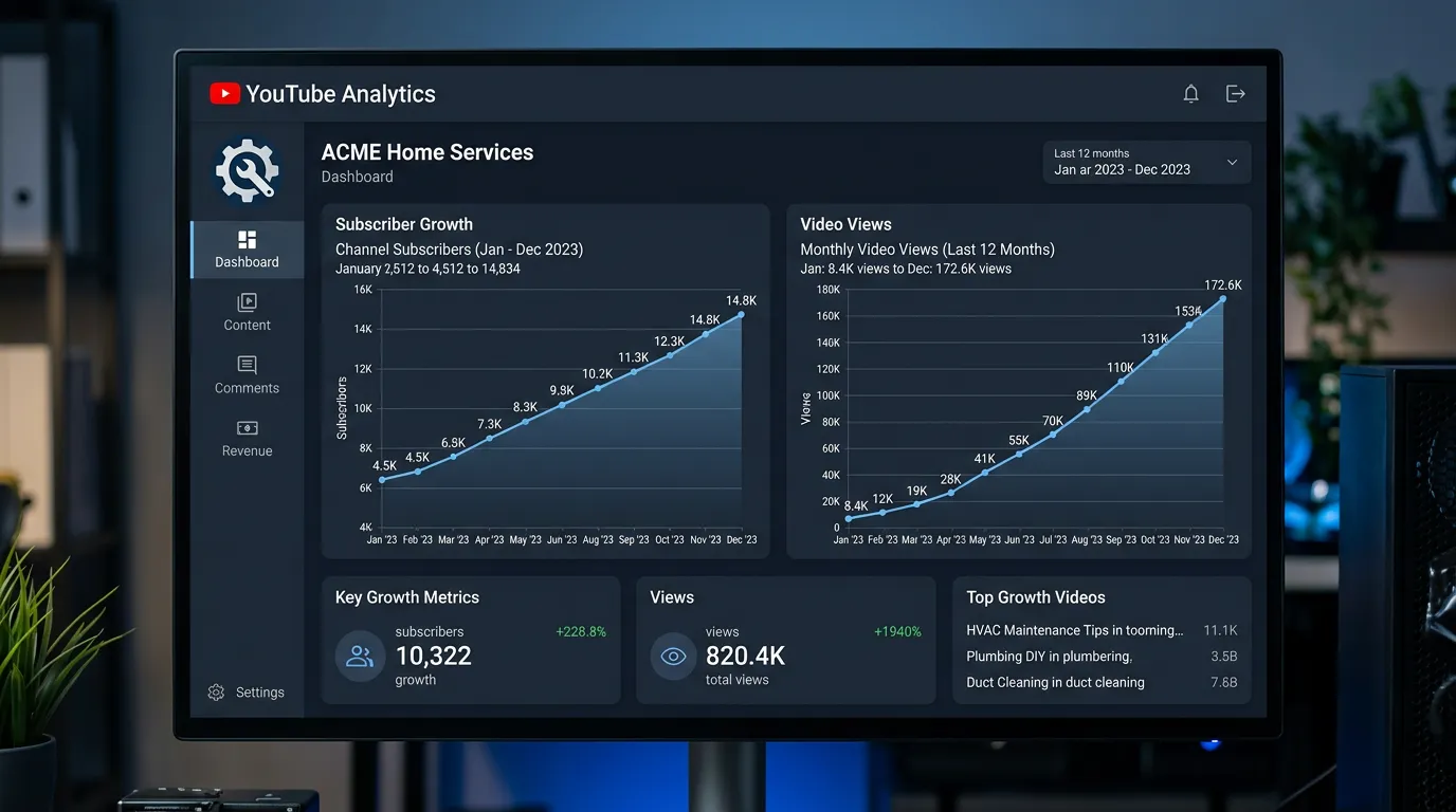YouTube analytics showing subscriber and view counts over twelve months for a local business channel