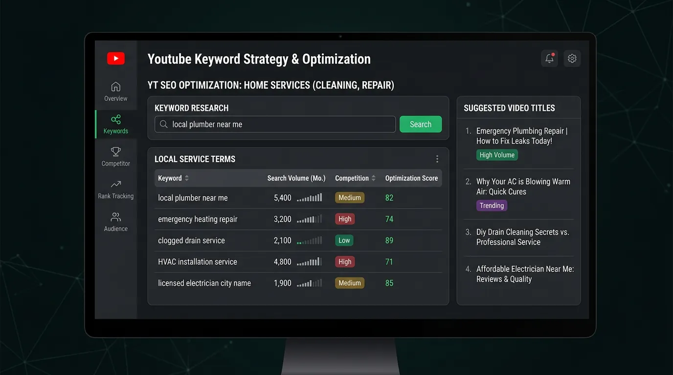 YouTube SEO keyword research tool showing search volume data for local service terms and suggested video titles for channel