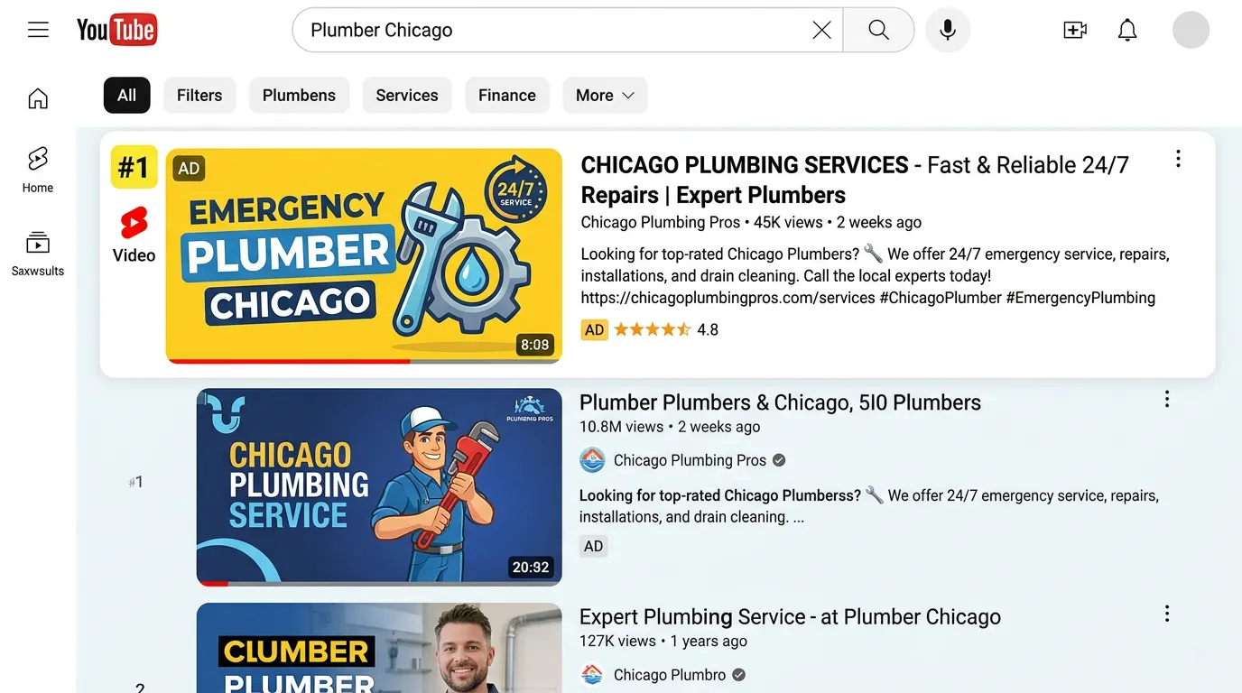 YouTube video ranking in search results for local service keyword with optimized title driving organic traffic in top position