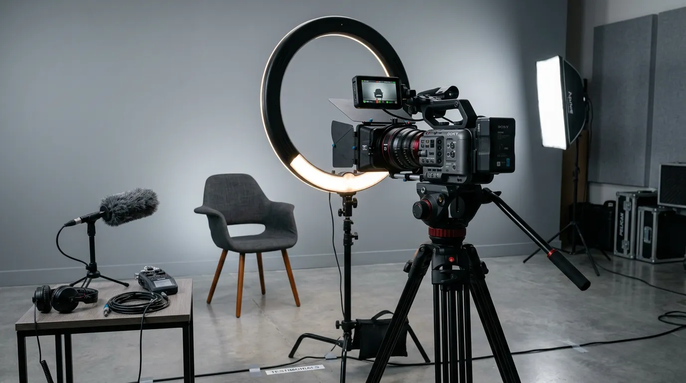Professional video camera and studio setup for recording client testimonials