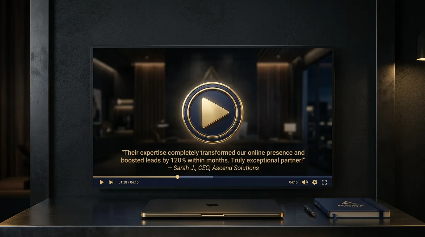 Video play button with testimonial quote overlay representing client video reviews for Online Website Marketing