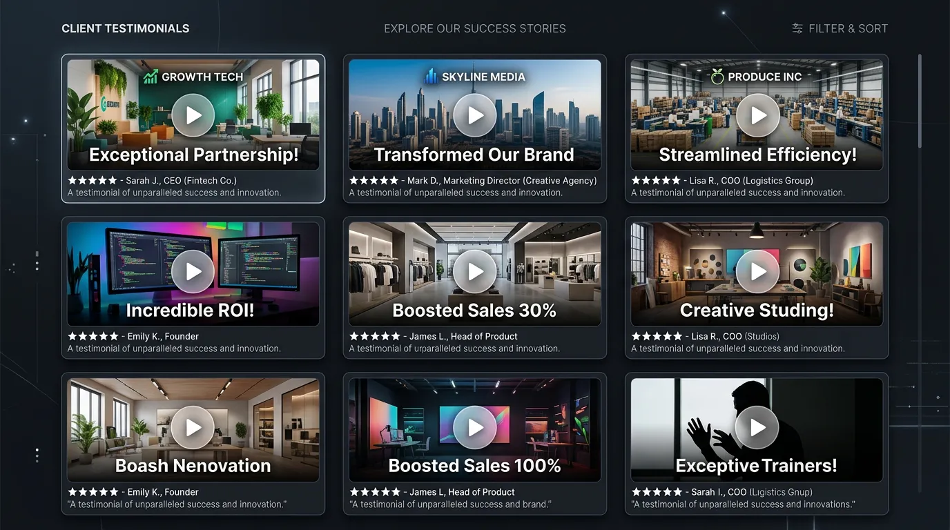 Grid of video testimonial thumbnails with play buttons showing client review library