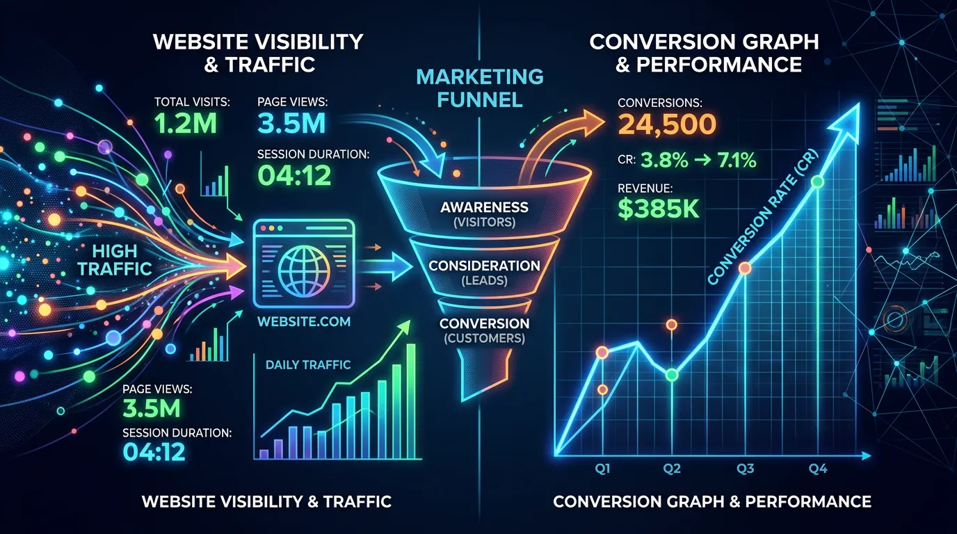 Split screen showing website visibility traffic growth and conversion rate rising simultaneously