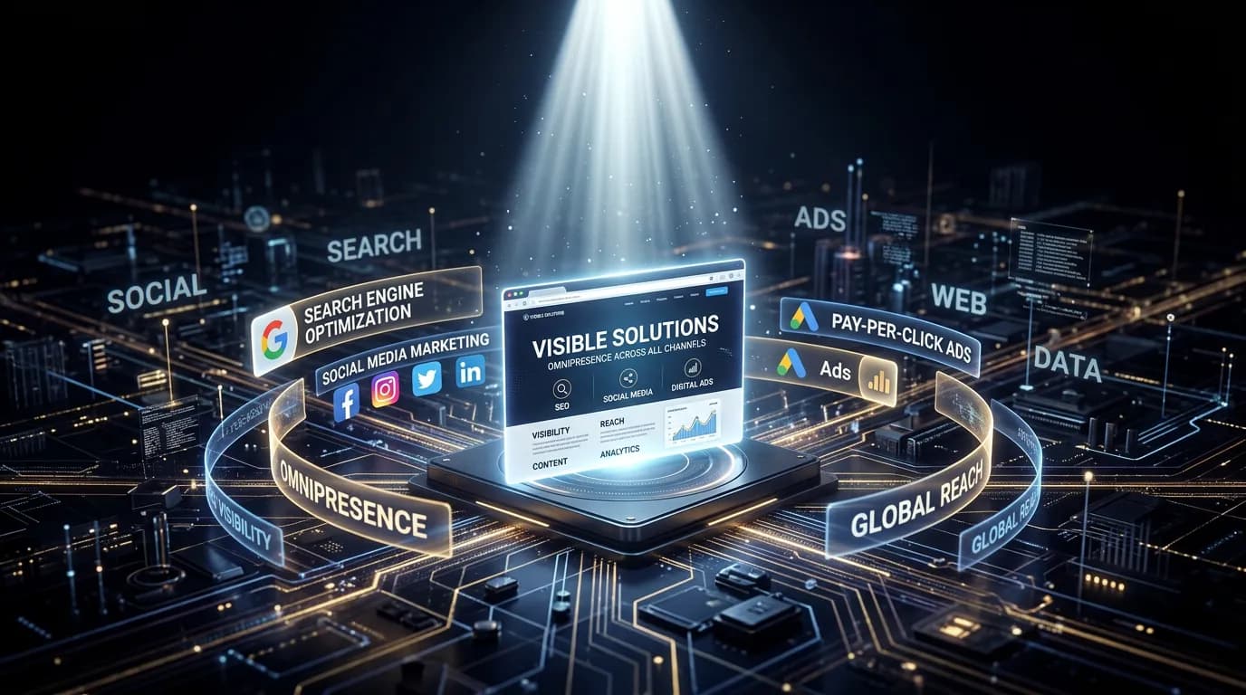 Website spotlighted by beam of light on dark internet landscape showing digital visibility and omnipresence
