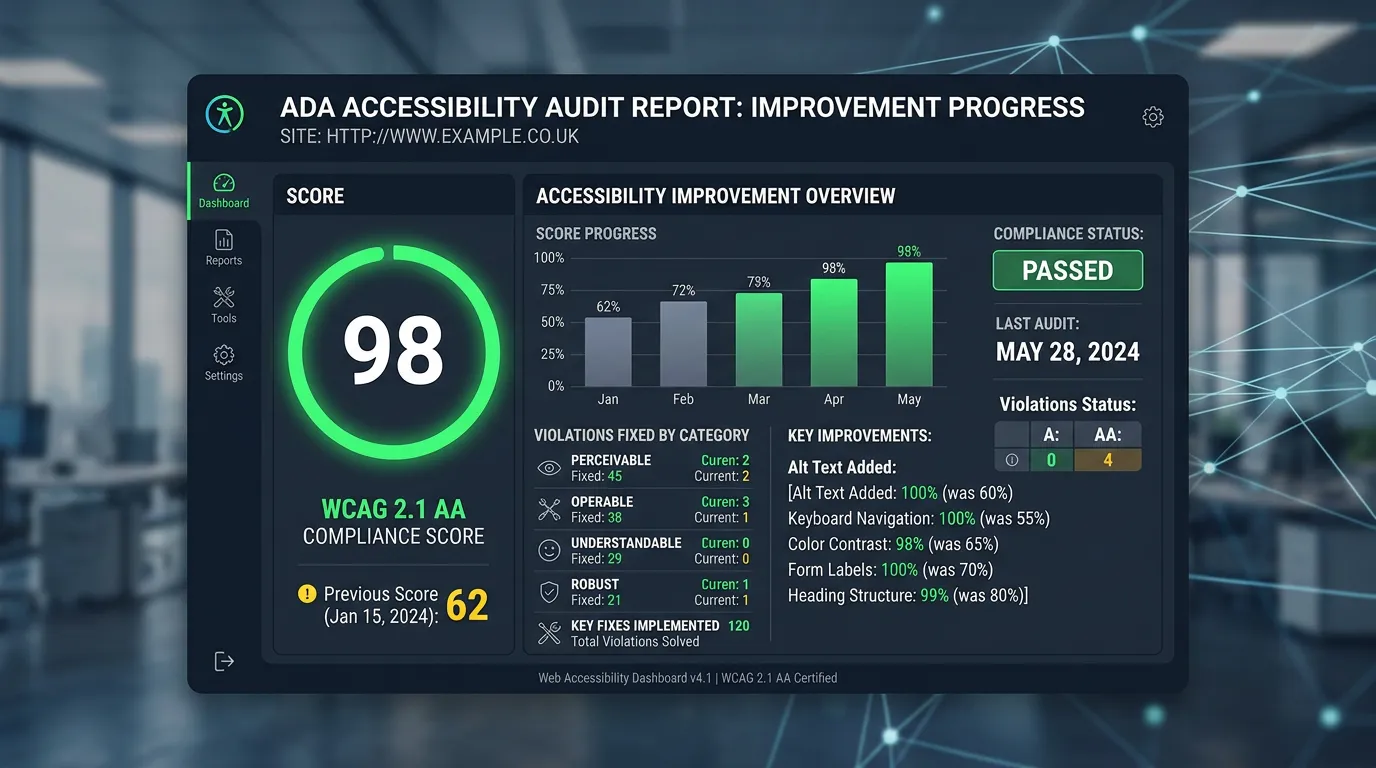 Accessibility audit report showing a website score before and after violations are fixed