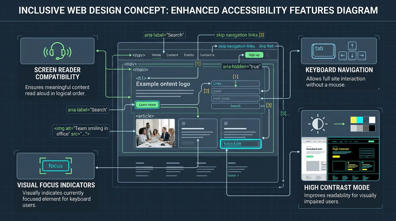 Accessibility features diagram showing screen reader compatibility keyboard navigation and focus indicators enabled