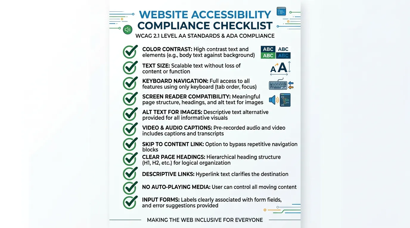 Website accessibility compliance checklist showing WCAG 2.1 AA standards met with color contrast and keyboard navigation