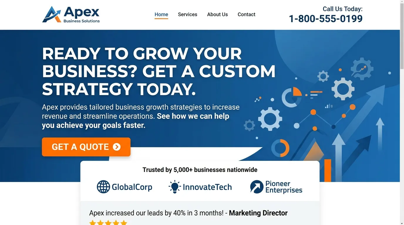 Conversion-focused website design showing above-the-fold layout with bold headline phone number and quote button