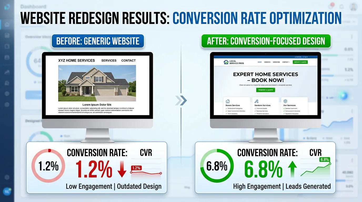 Old website design shown beside a new conversion focused design with their conversion rates