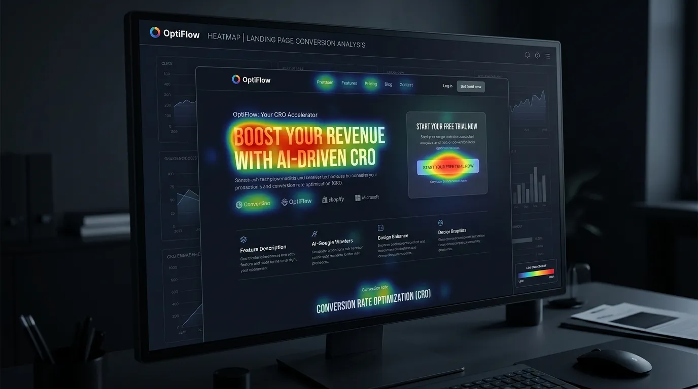 CRO-optimized website heatmap showing visitor attention on headline and CTA with hot click zones highlighted