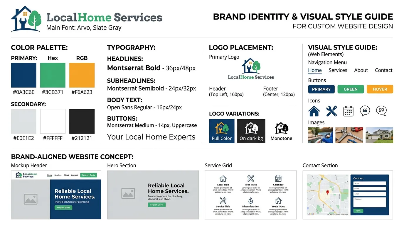 Brand identity elements for custom website design showing color palette typography logo and visual style guide