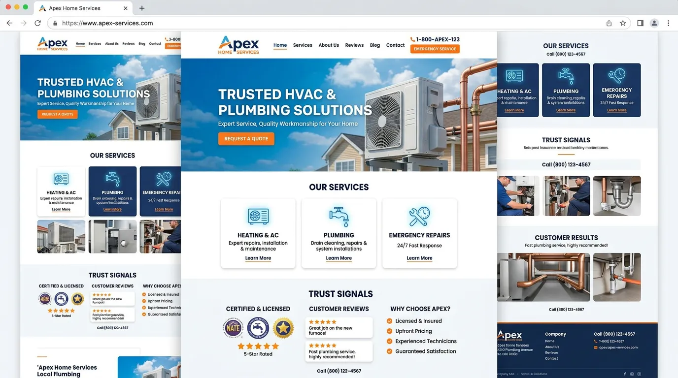 Completed custom website for local HVAC plumbing or roofing business with professional hero service sections and trust signals
