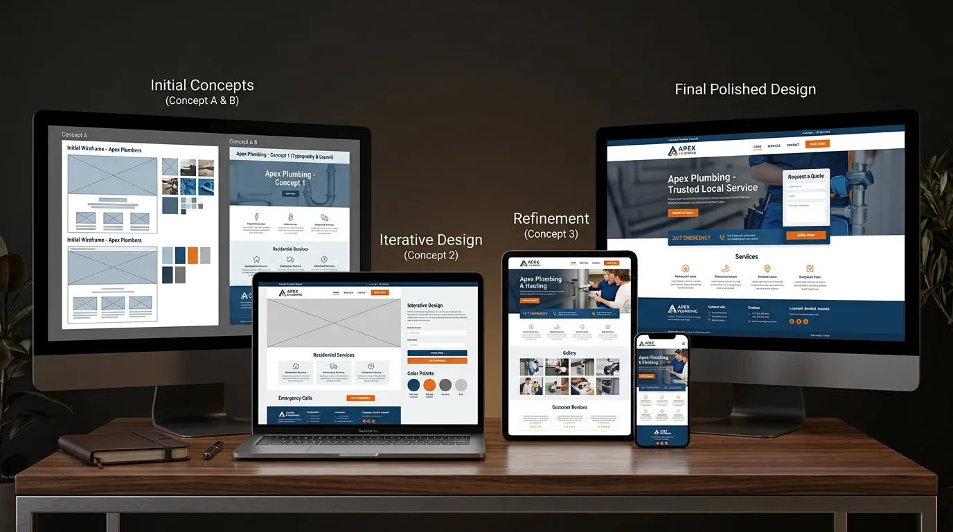 Custom website design process showing design mockups on multiple screens for local service business from concepts to final
