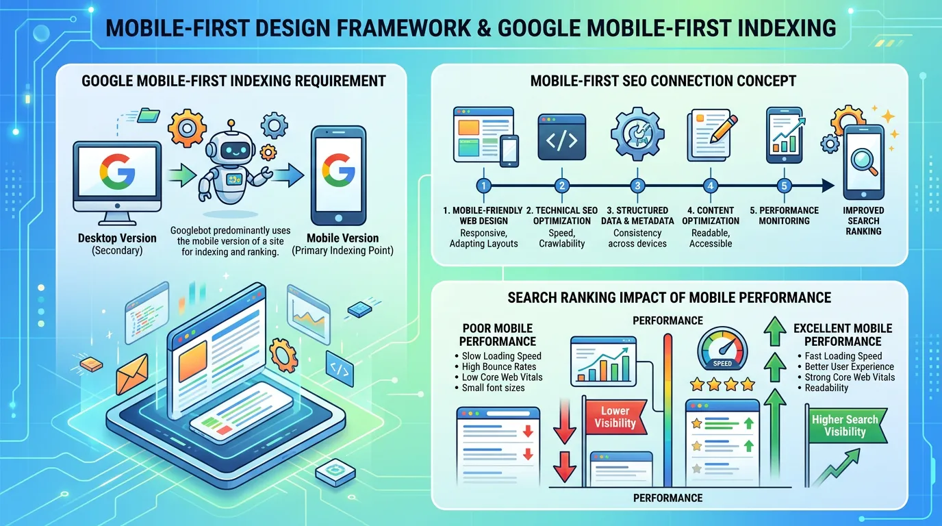 Mobile-first design framework showing Google mobile-first indexing requirement with search ranking impact illustrated