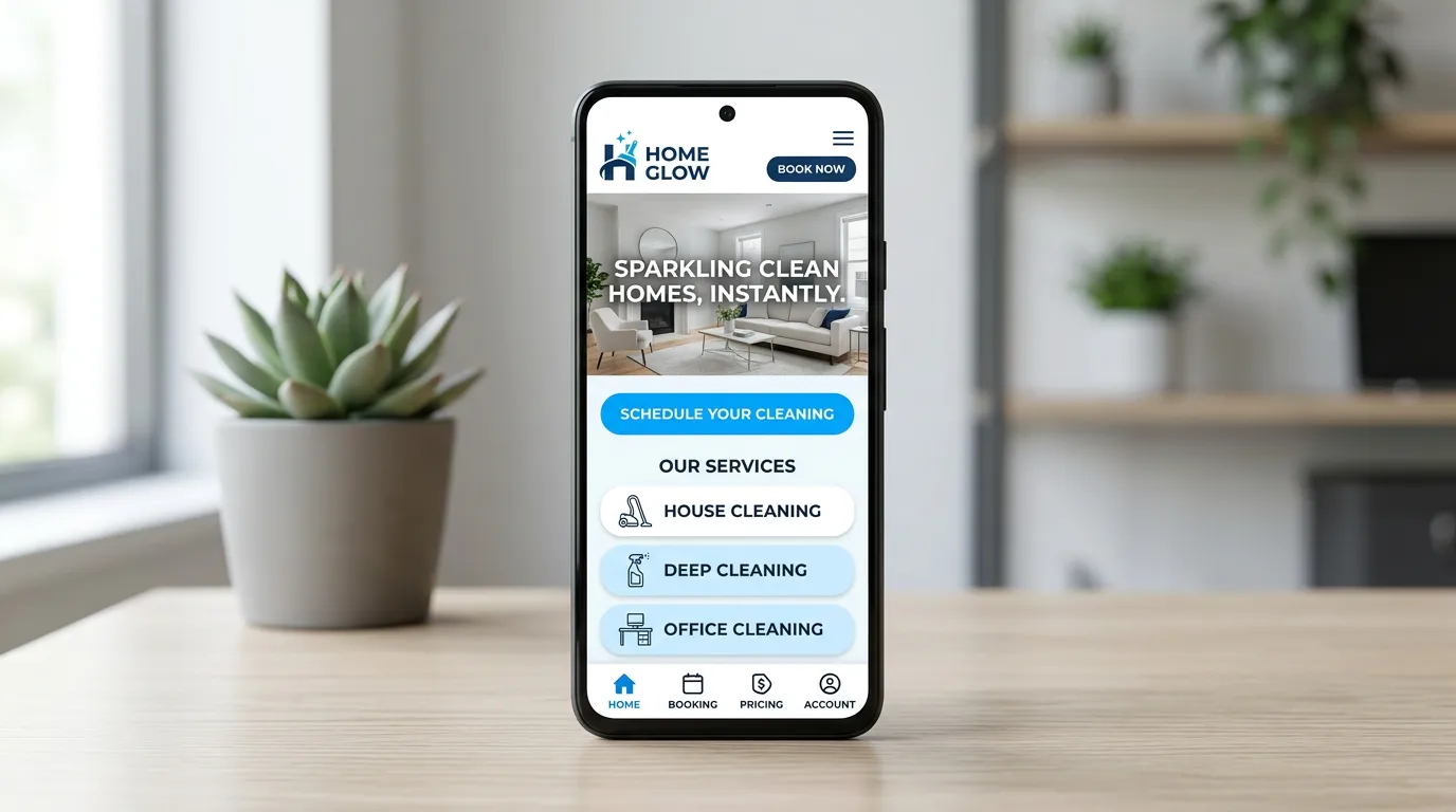 Mobile-first website design showing smartphone with perfectly formatted service business website loading under 2 seconds