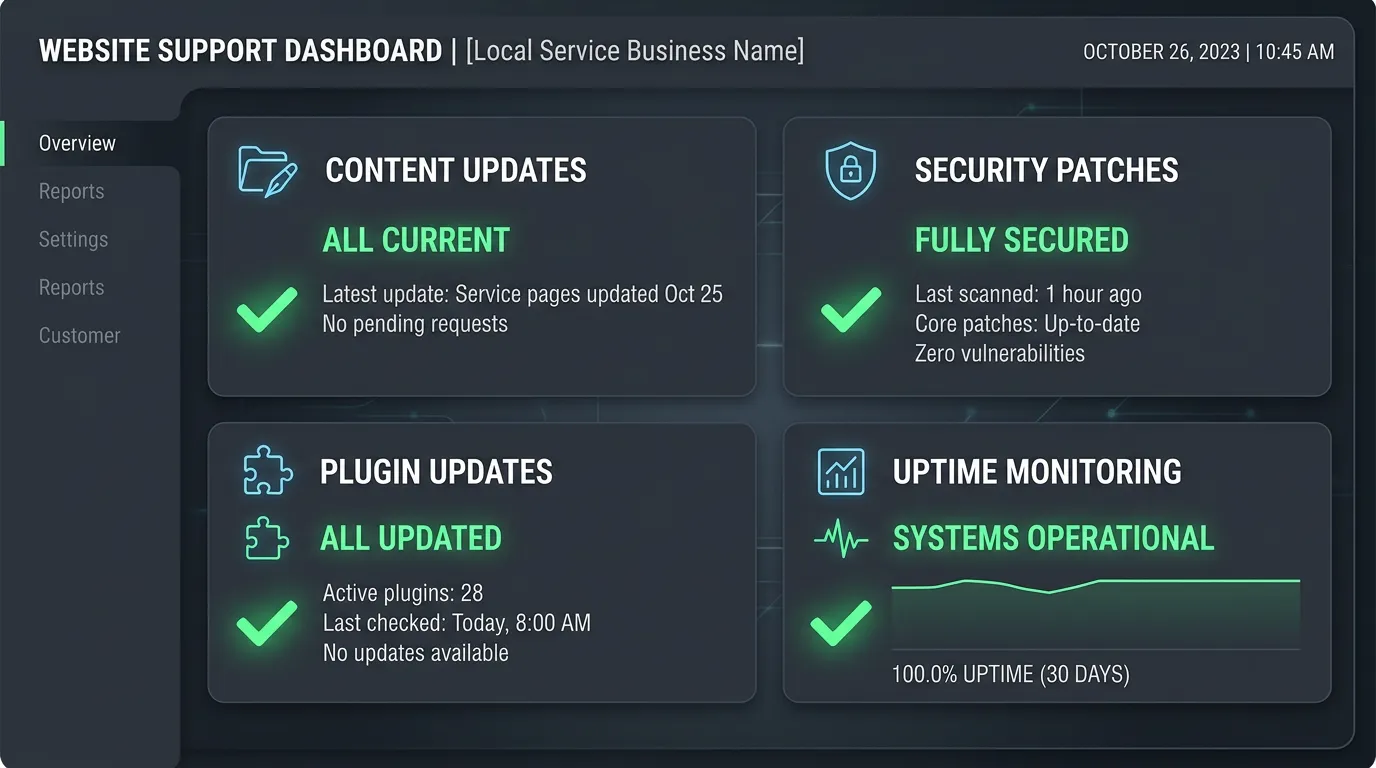 Ongoing website support dashboard showing content updates security patches and uptime monitoring all green