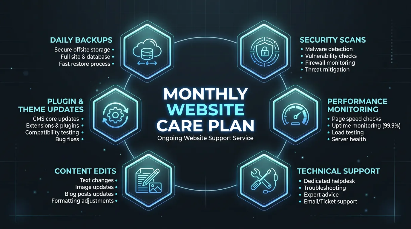 Monthly website care plan showing backups security scans plugin updates and performance monitoring included