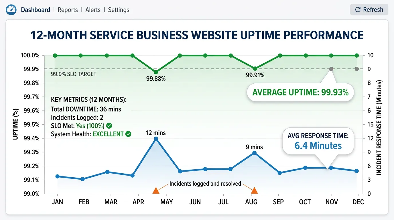 Uptime monitoring graph for a service business website over twelve months