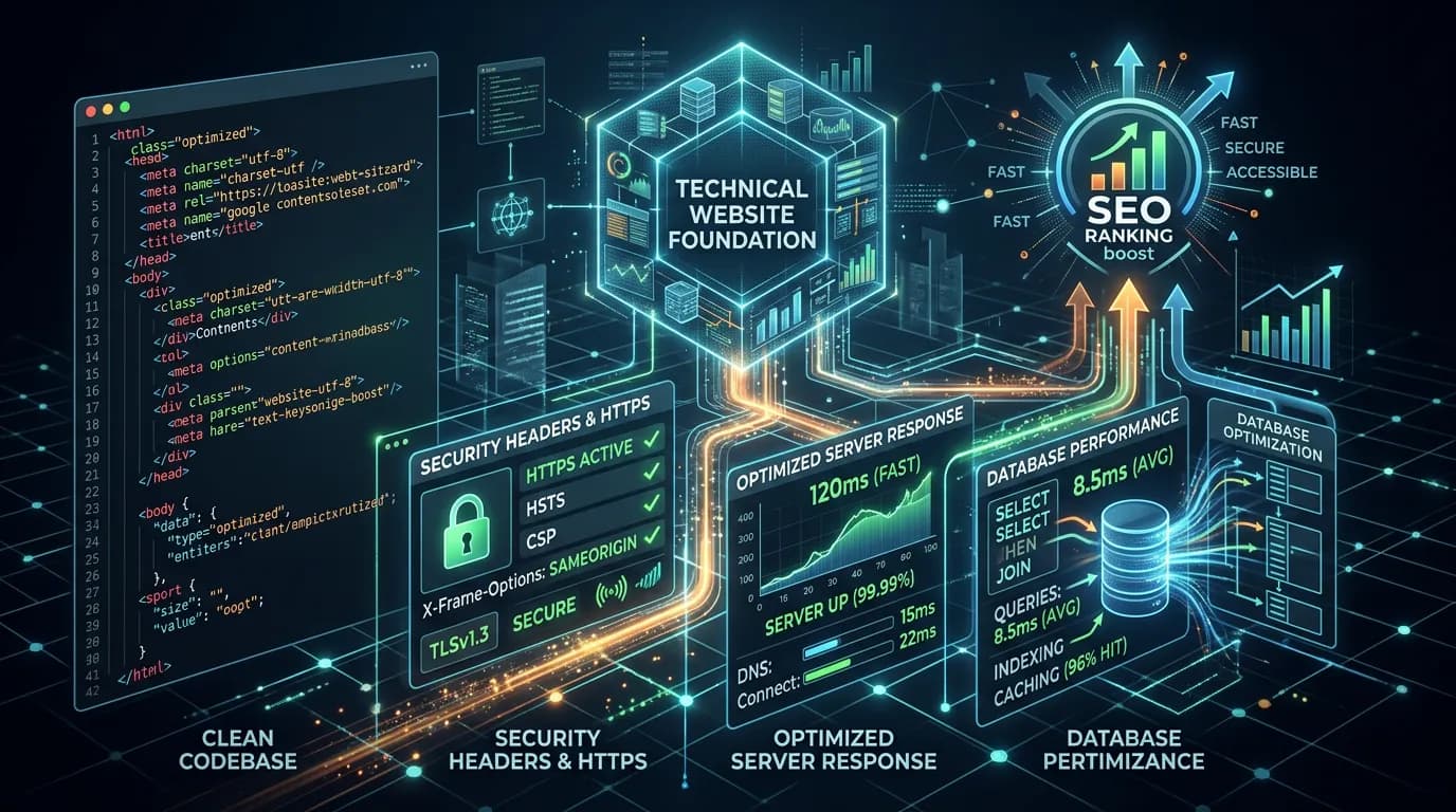 Technical foundation showing clean codebase security headers HTTPS and optimized server response contributing to SEO