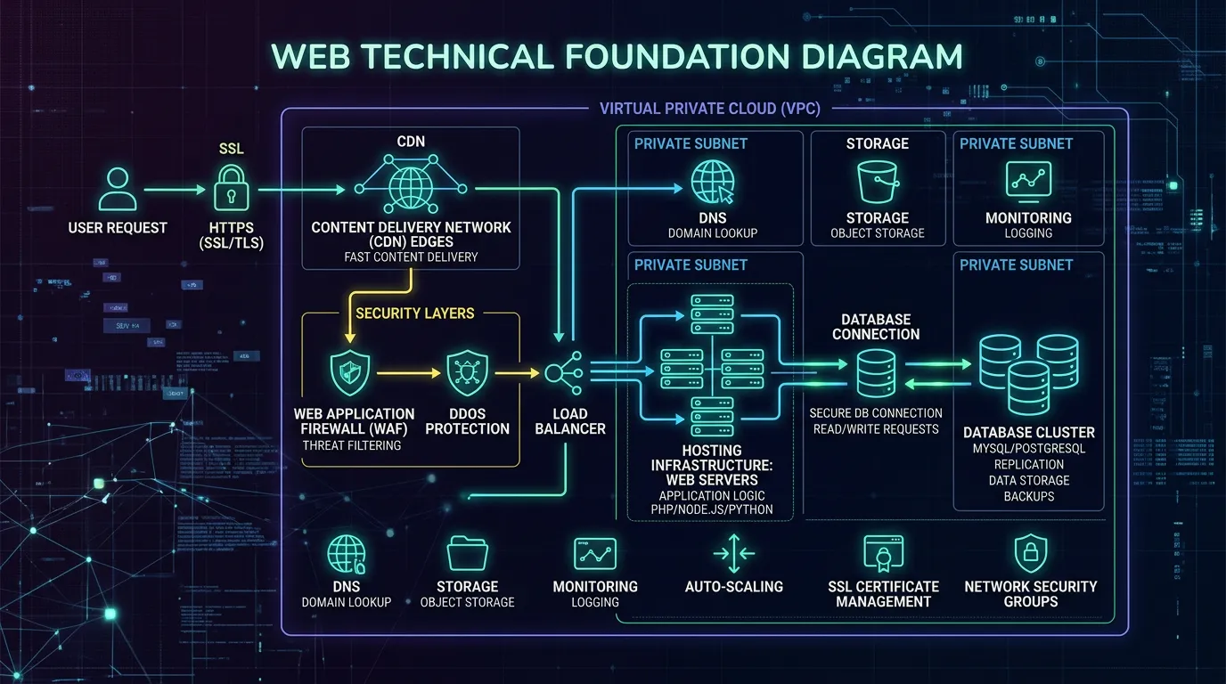 Technical website foundation showing hosting infrastructure SSL CDN database and security layers properly configured