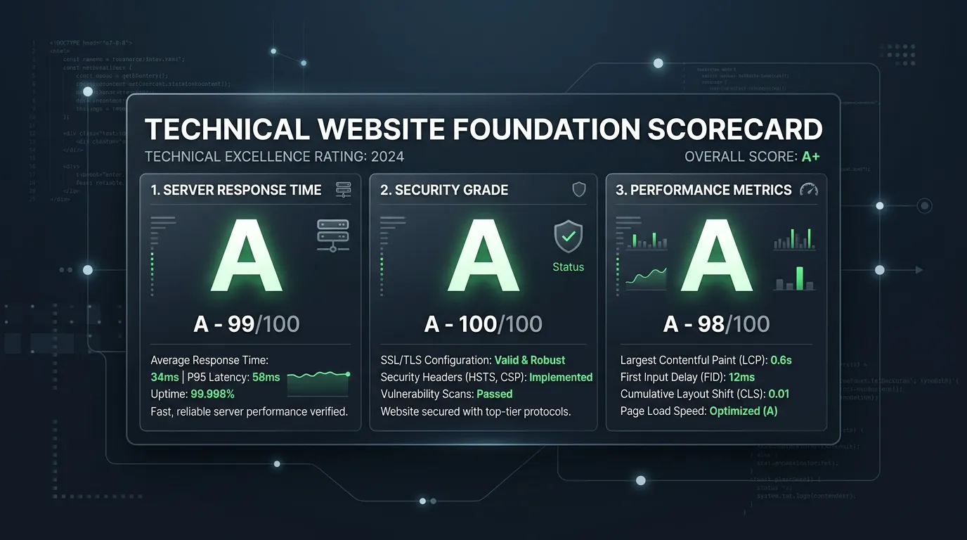 Technical website scorecard showing server response time security and performance metrics all scored A for technical excellence