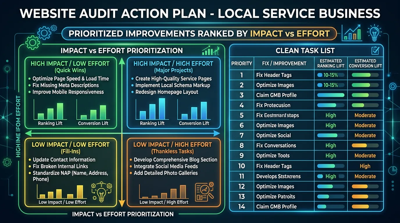 Website audit action plan showing prioritized improvements ranked by impact versus effort with estimated ranking lift