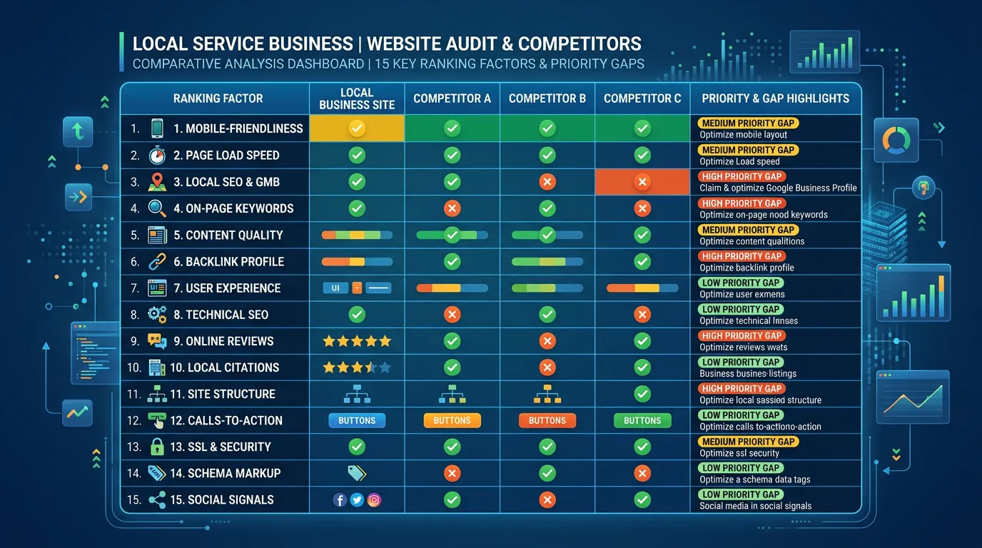 Website audit competitor analysis showing local service business compared against top 3 competitors across 15 ranking factors