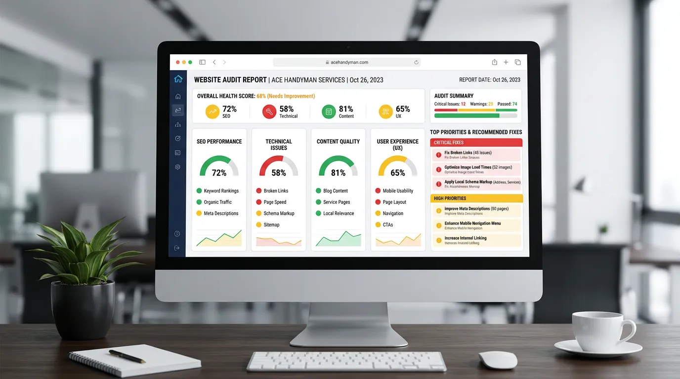 Website audit report showing comprehensive analysis of local service business website with SEO technical and UX scores