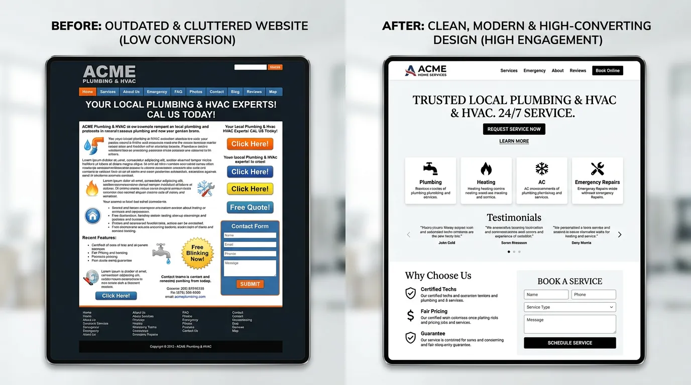 Website redesign before and after showing outdated website versus clean modern high-converting new design for local service business