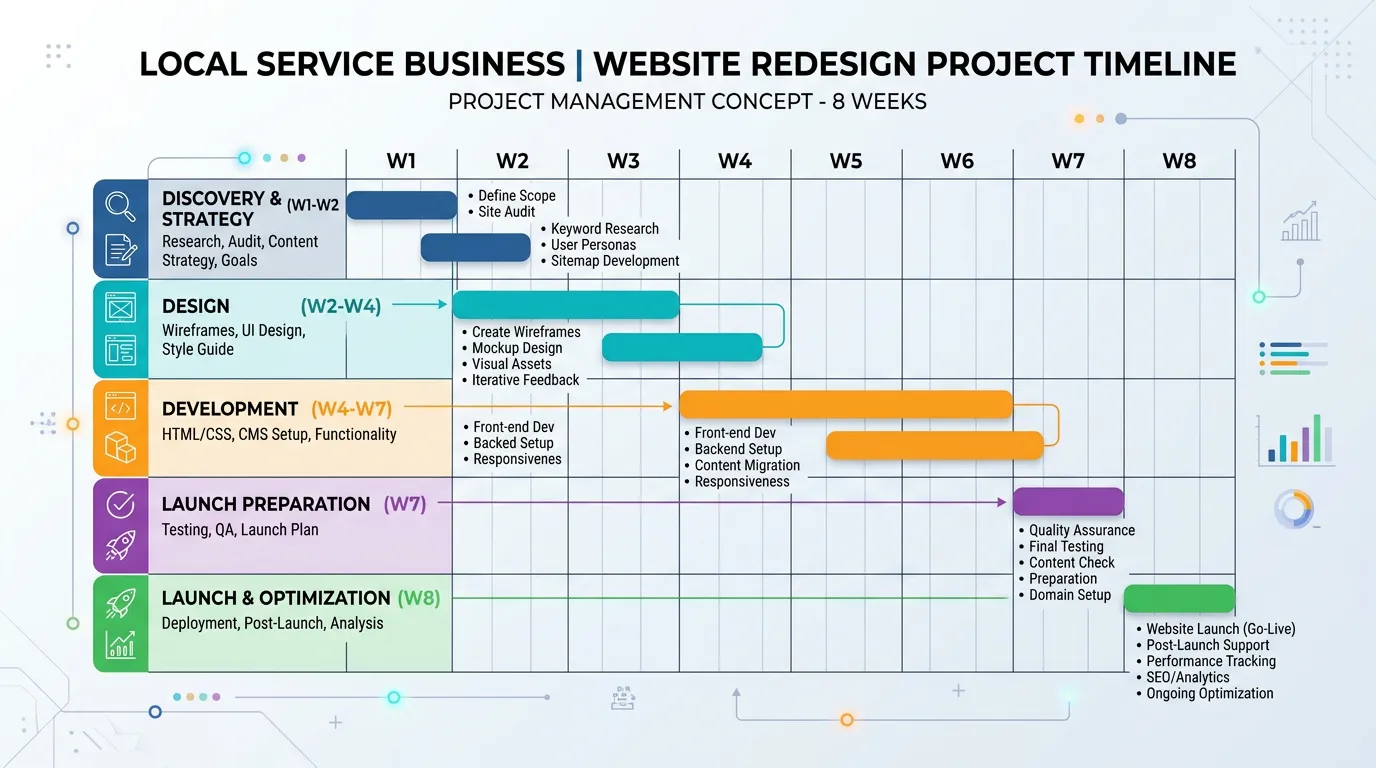 Website redesign project timeline showing discovery design development launch and optimization phases over 8 weeks