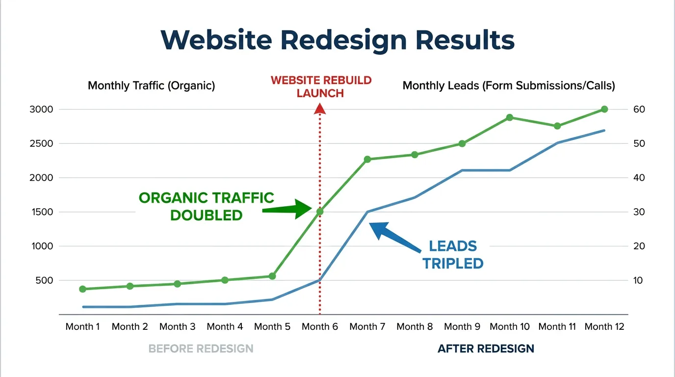 Chart illustrating organic traffic and leads in the six months after a website rebuild