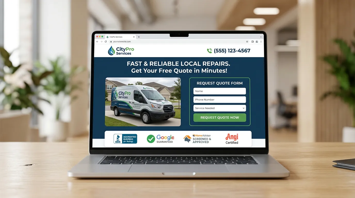Website conversion elements showing trust badges phone number prominently displayed form and clear value proposition