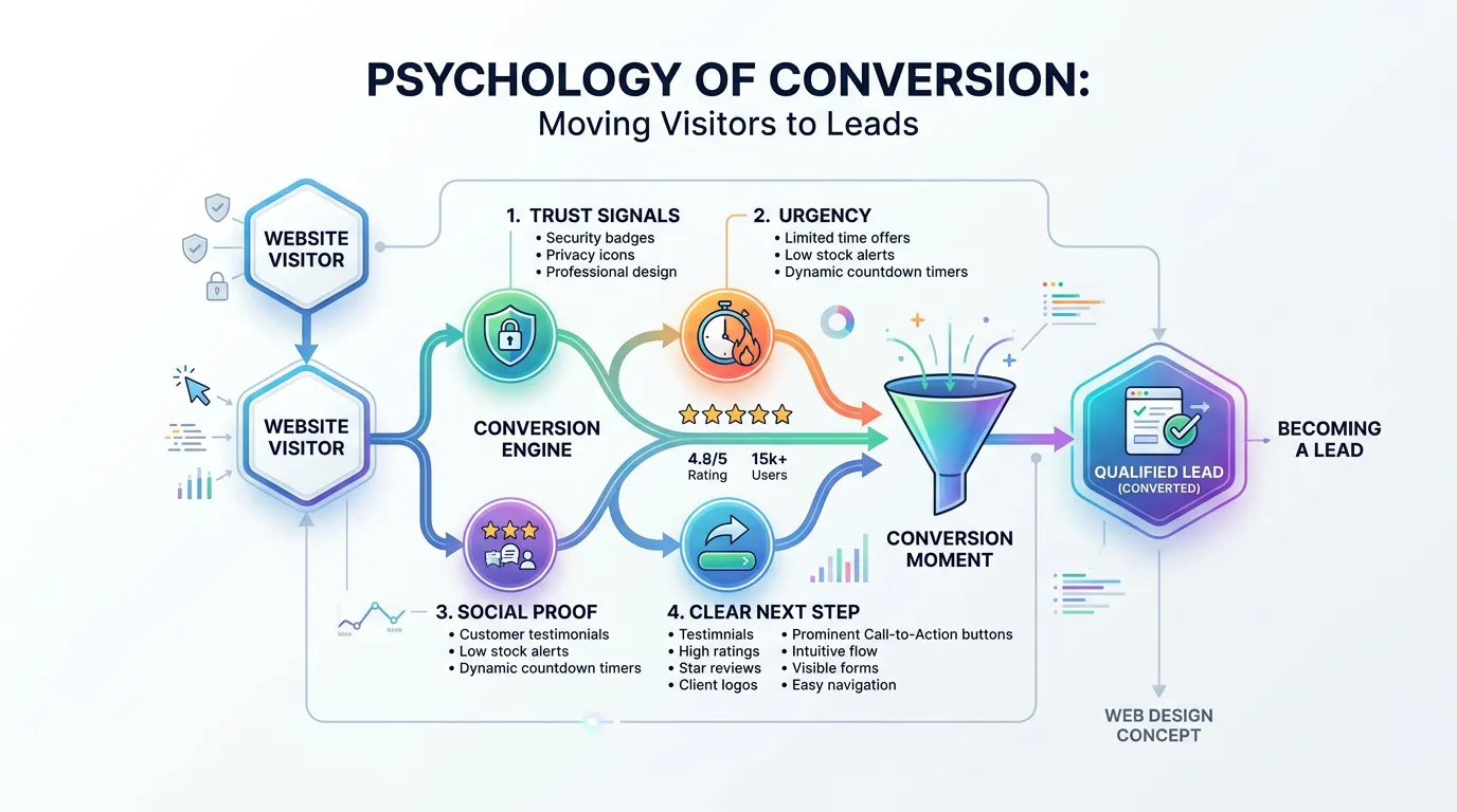 Psychology of website conversion diagram showing trust signals urgency social proof and clear next step working together