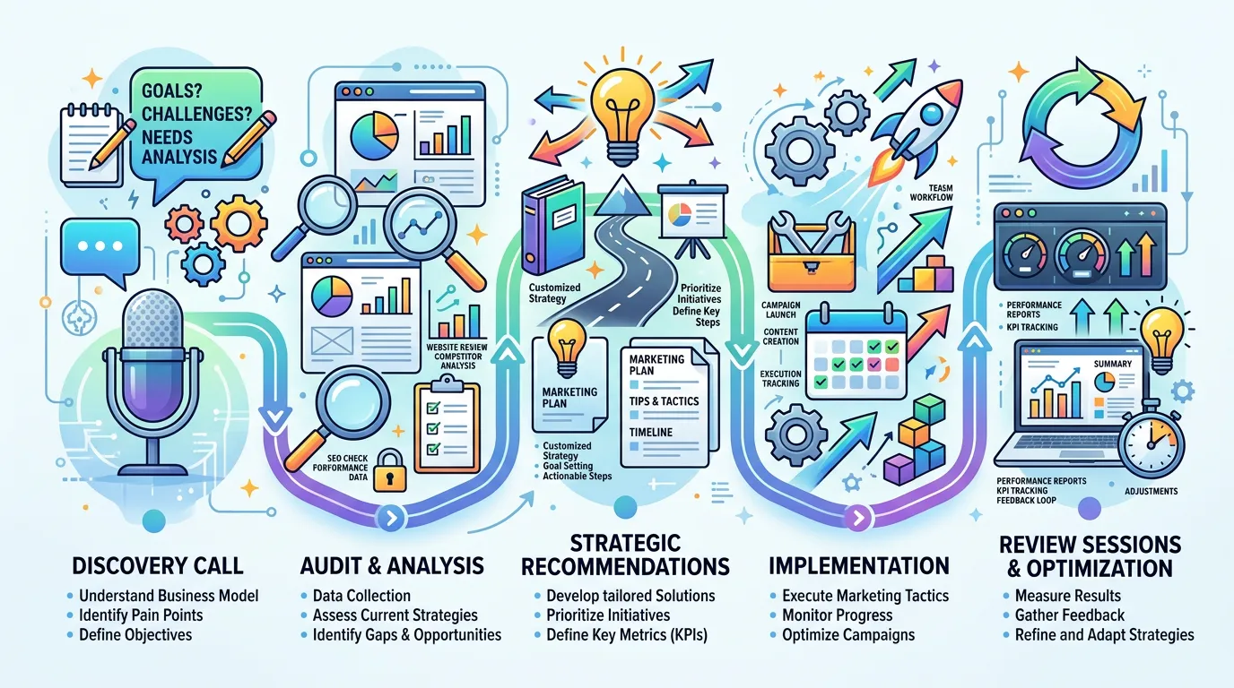 What a marketing consultant does showing strategy planning competitive analysis audit and growth roadmap creation