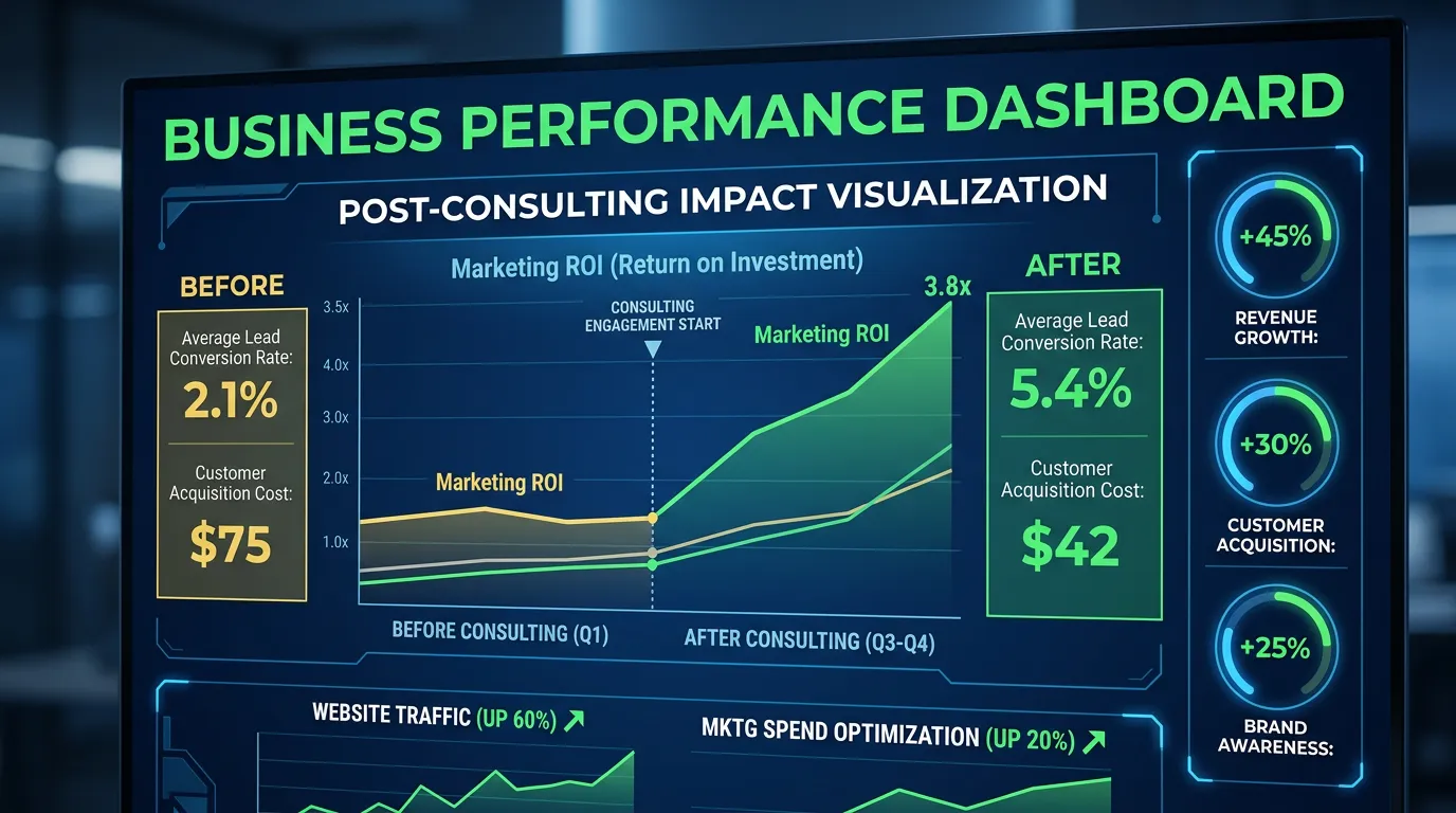 Marketing consulting process showing discovery call audit recommendation and implementation sessions for service business