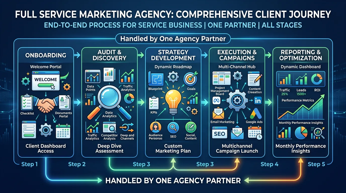 Full service agency client journey from onboarding audit strategy execution and reporting all handled by agency