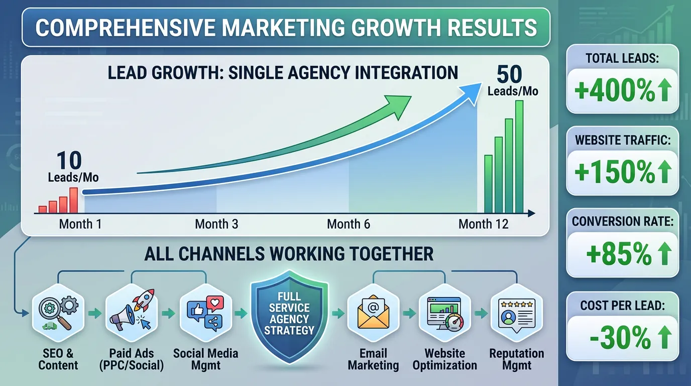Chart illustrating monthly lead volume for a service business running every marketing channel
