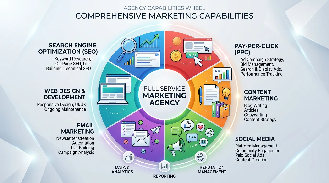 Full service marketing agency overview showing all services SEO PPC content social email reputation and web design